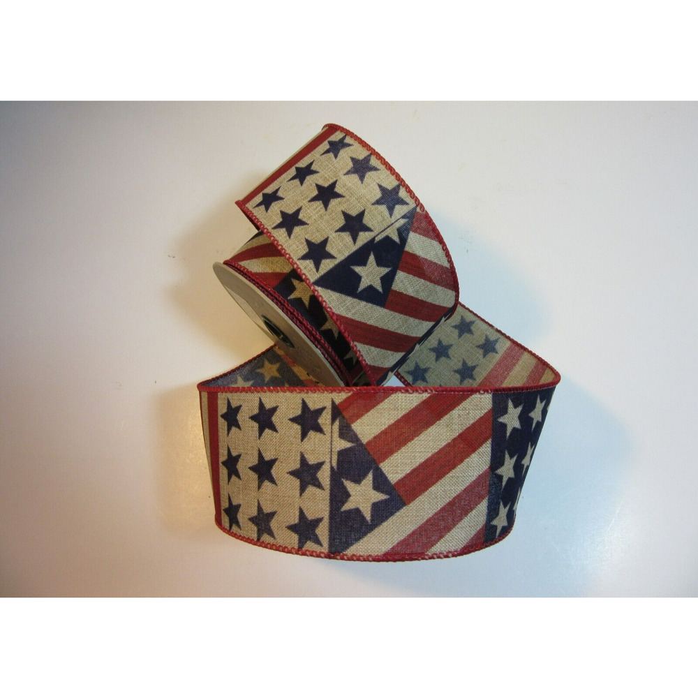 Patriotic Ribbon d stevens Stars and Stripes Faux Linen 2 1/2" x 10 yards